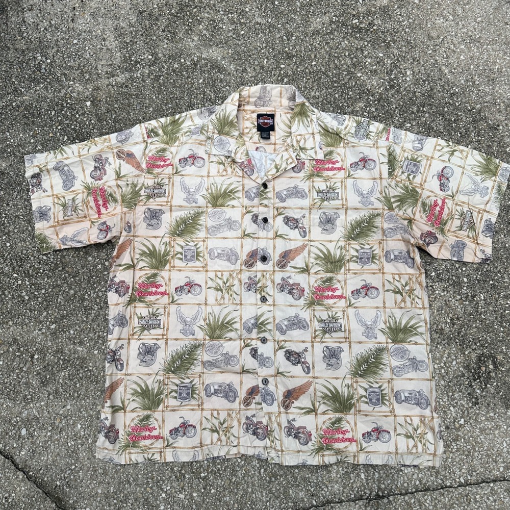 Vtg 90s Harley Davidson Men 2XL Tropical Bamboo Motorcycle Cotton Button Up USA
